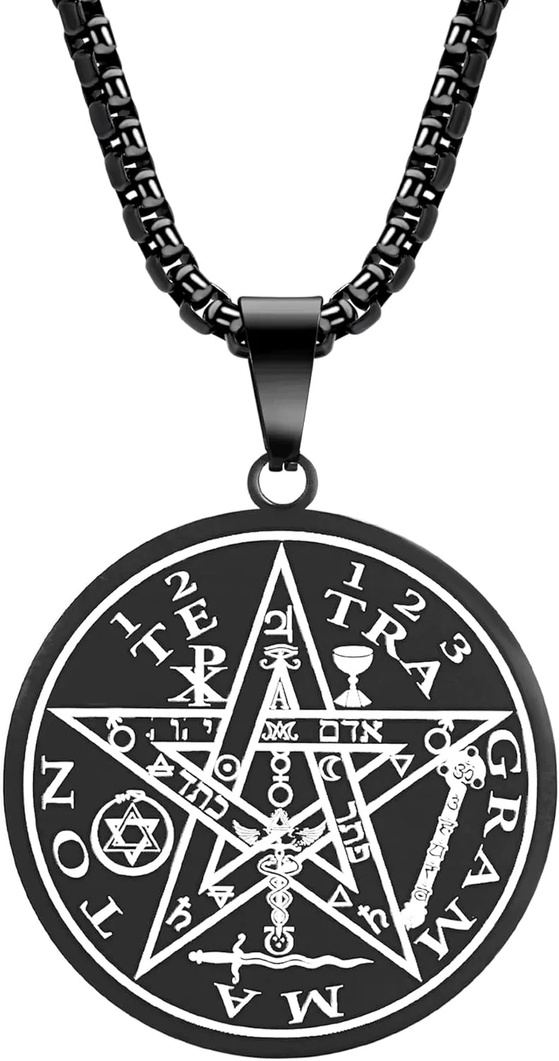 Tetragrammaton Pentacle Necklace for Men Pentagram Protection Amulet Wicca Jewelry, Five-pointed Star, Magical,The Ancient Power Name of God Stainless Steel 24 inches