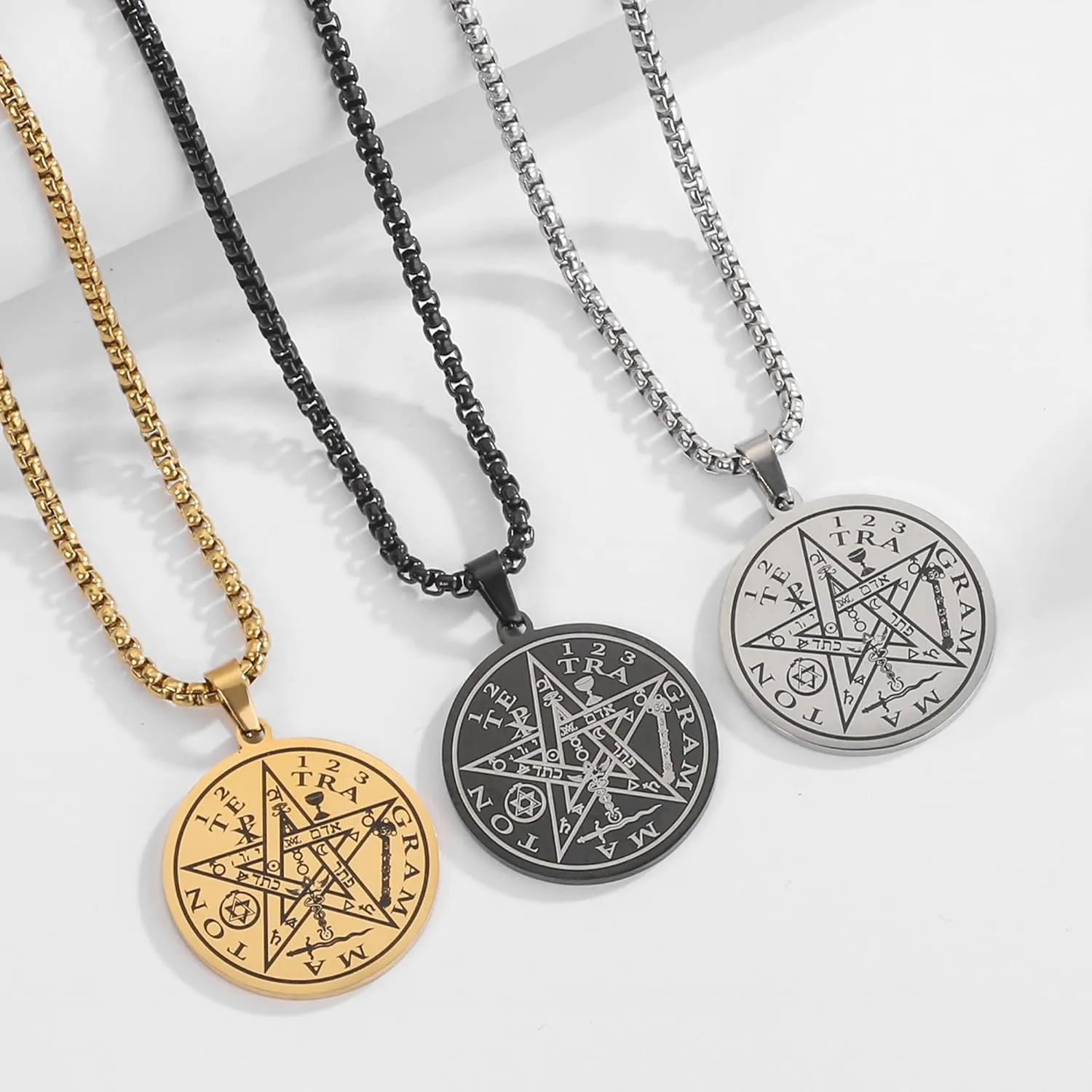 Tetragrammaton Pentacle Necklace for Men Pentagram Protection Amulet Wicca Jewelry, Five-pointed Star, Magical,The Ancient Power Name of God Stainless Steel 24 inches