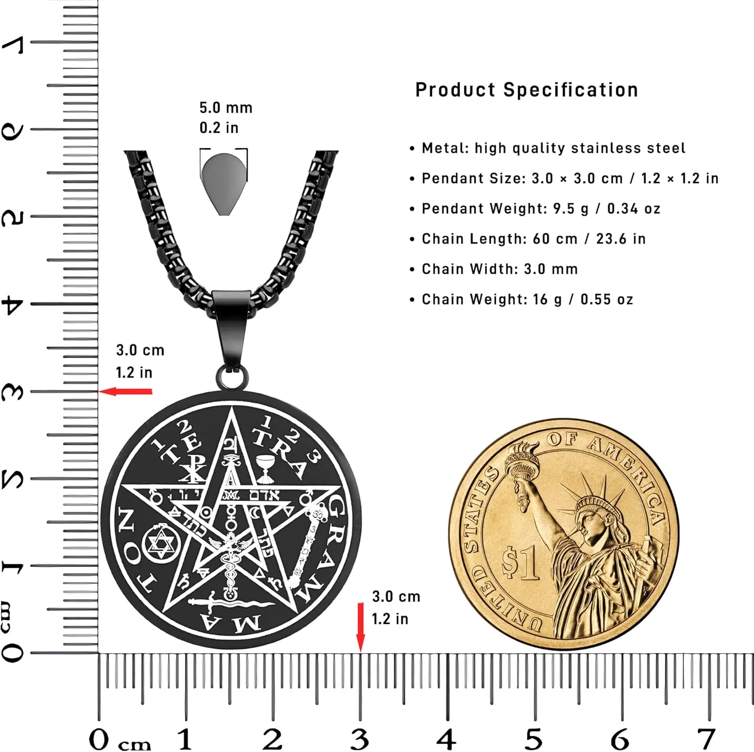Tetragrammaton Pentacle Necklace for Men Pentagram Protection Amulet Wicca Jewelry, Five-pointed Star, Magical,The Ancient Power Name of God Stainless Steel 24 inches