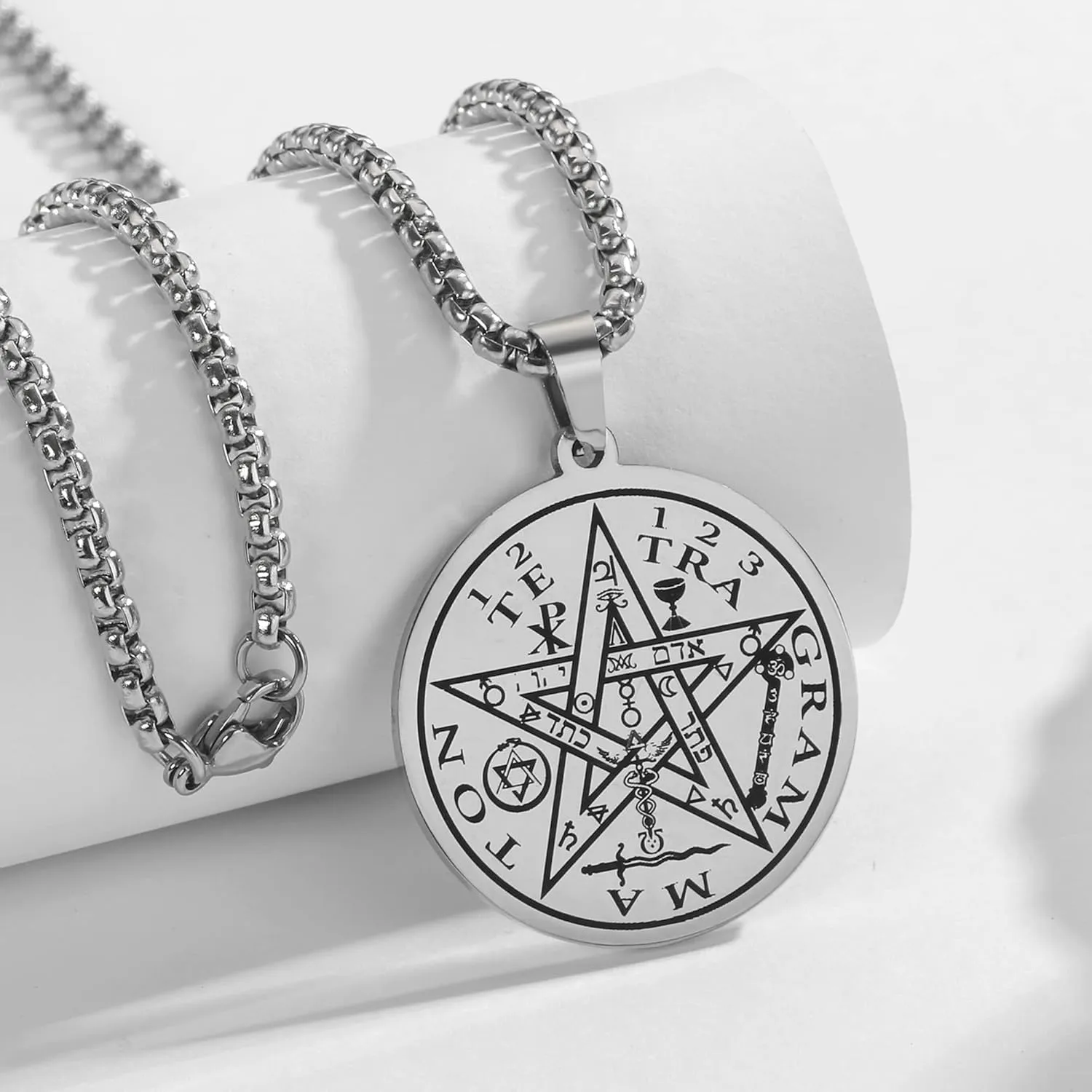 Tetragrammaton Pentacle Necklace for Men Pentagram Protection Amulet Wicca Jewelry, Five-pointed Star, Magical,The Ancient Power Name of God Stainless Steel 24 inches