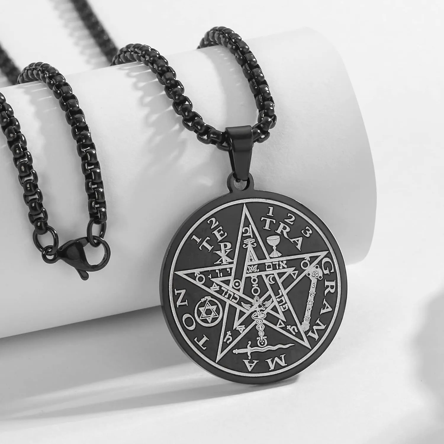 Tetragrammaton Pentacle Necklace for Men Pentagram Protection Amulet Wicca Jewelry, Five-pointed Star, Magical,The Ancient Power Name of God Stainless Steel 24 inches
