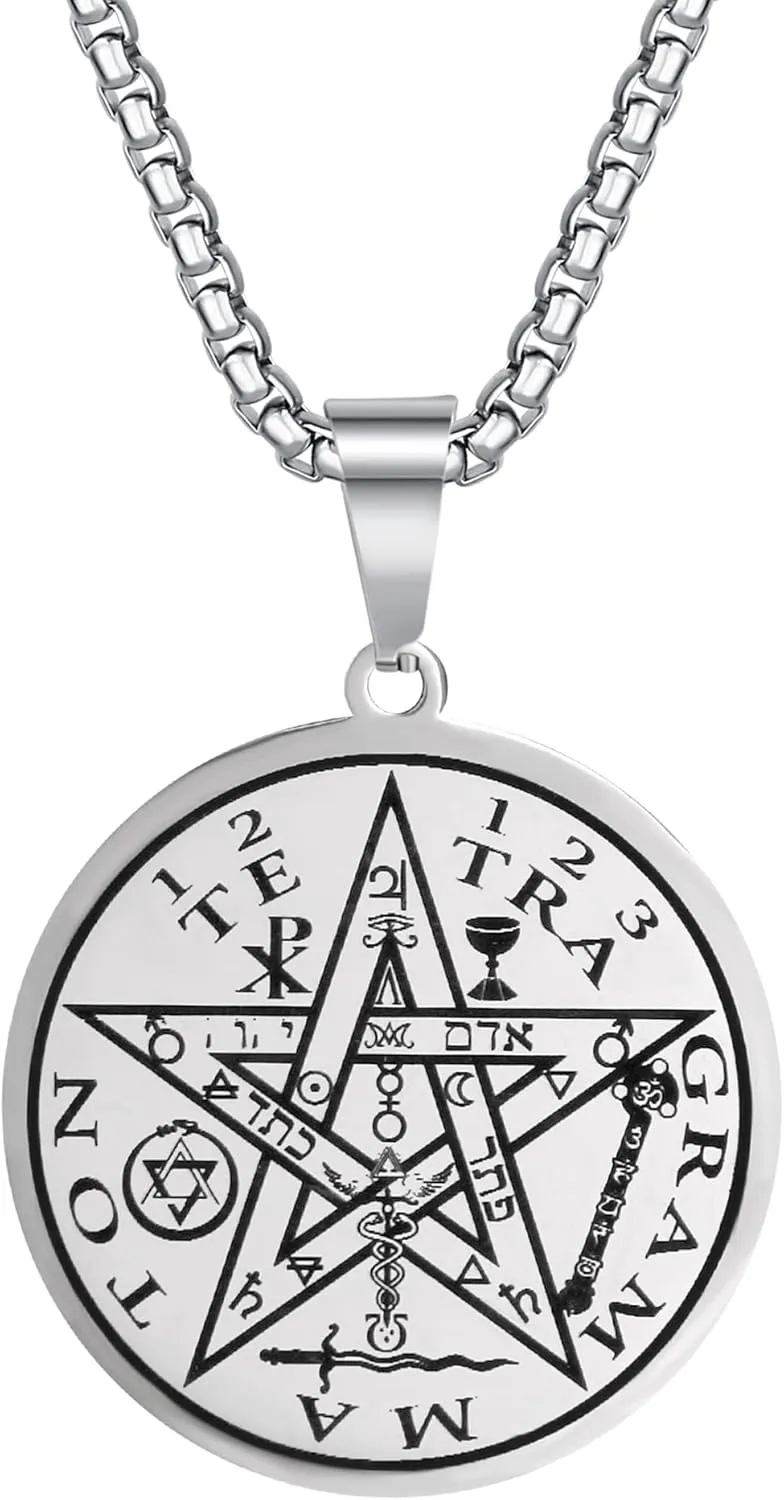 Tetragrammaton Pentacle Necklace for Men Pentagram Protection Amulet Wicca Jewelry, Five-pointed Star, Magical,The Ancient Power Name of God Stainless Steel 24 inches