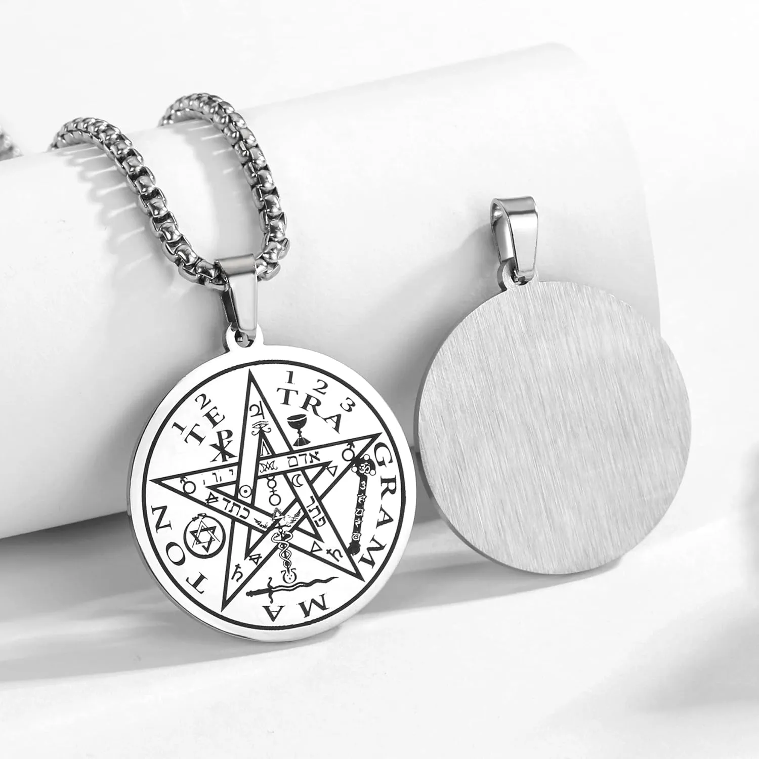 Tetragrammaton Pentacle Necklace for Men Pentagram Protection Amulet Wicca Jewelry, Five-pointed Star, Magical,The Ancient Power Name of God Stainless Steel 24 inches