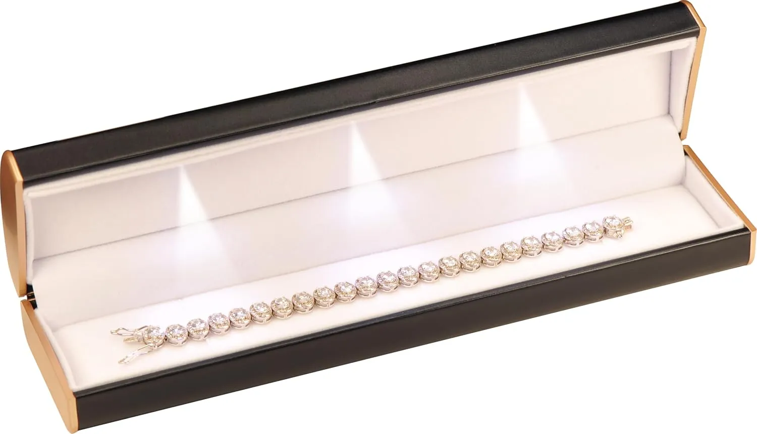 Three LED Lights Black Bracelet Box Luxury PU Leather Dome Top Designed with Gold Color Painted on the Sides Bracelet Necklace Anklet Jewelry Gift Storage Holder Box for Women for Men