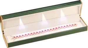 Three LED Lights Bracelet Box Luxury PU Leather Dome Top Designed with Gold Color Painted on the Sides Bracelet Necklace Anklet Jewelry Gift Storage Holder Box for Women for Men (Green)