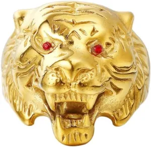 Tiger Ring for Men, Stainless Steel Norse Viking Tiger Head Ring, Vintage Tiger Skull Totem Rings, Golden Tiger Signet Amulet Ring, Punk Animal Tiger Jewelry Gift for Men mens