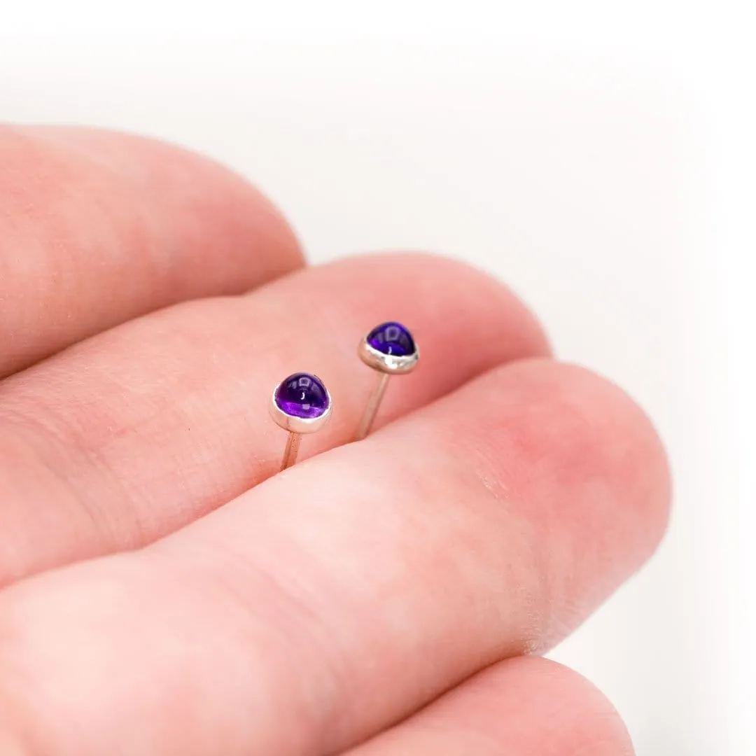 Tiny Purple Amethyst Cabochon Stud Earrings in Sterling Silver, Ready to Ship