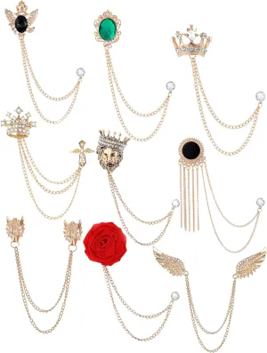 Tornito 9Pcs Tassel Chain Brooch Collar Pins Rose Flower Rhinestone Angel Wings Wolf Head Hanging Chains for Suit Lapel Tuxedo Shirts Tie Hat Scarf Brooch Pin Fashion Jewelry for Men's Accessories