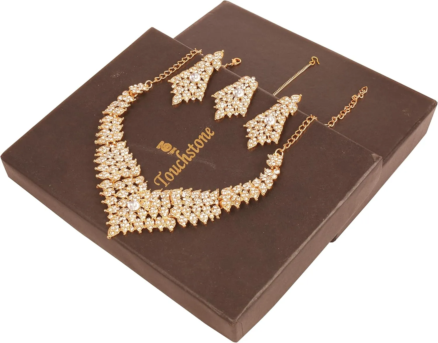 Touchstone Indian Bollywood Tinsel Town Traditional Western Taste Studded Diamond Look Rhinestones Designer Bridal Jewelry Necklace Set for Women