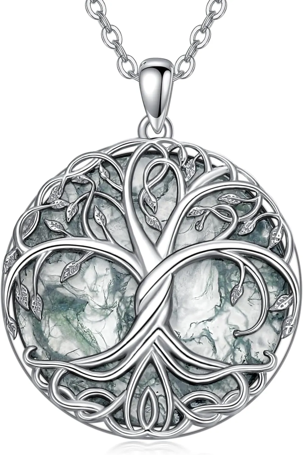 Tree of Life Moss Agate Necklace for Women S925 Sterling Silver Round Tree of Life Moss Agate Necklace for Women Handmade Tree of Life Silver Pendant Fine Jewelry Gifts for Mothers Day Girlfriend Her