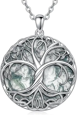 Tree of Life Moss Agate Necklace for Women S925 Sterling Silver Round Tree of Life Moss Agate Necklace for Women Handmade Tree of Life Silver Pendant Fine Jewelry Gifts for Mothers Day Girlfriend Her
