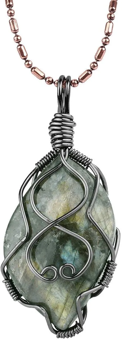 TUMBEELLUWA Labradorite Necklace Irregular Shape Wire Wrapped Quartz Crystal Pendant with Chain Healing Stone Jewelry