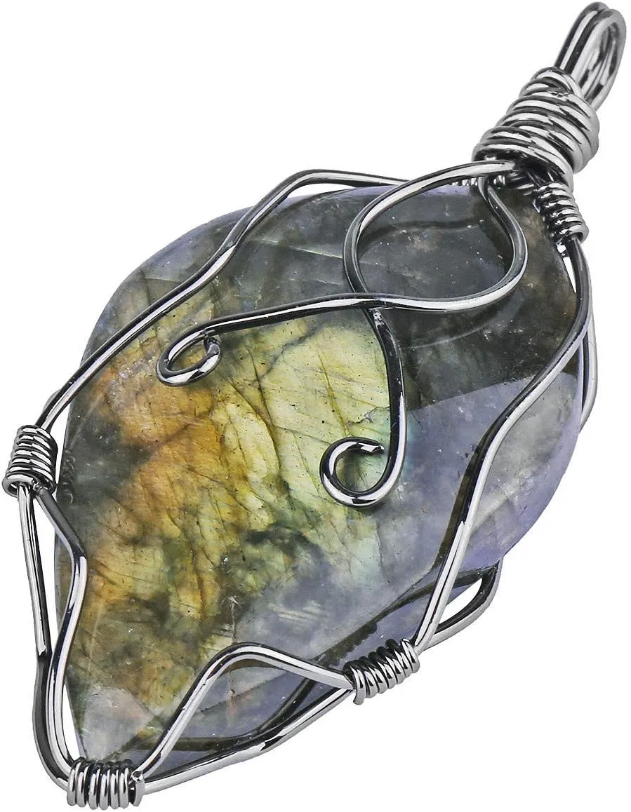 TUMBEELLUWA Labradorite Necklace Irregular Shape Wire Wrapped Quartz Crystal Pendant with Chain Healing Stone Jewelry