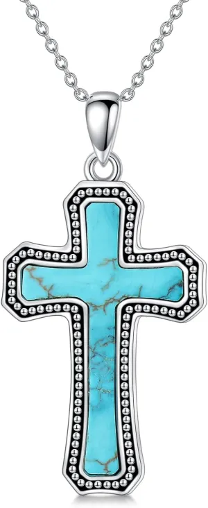 Turquoise Cross Necklace 925 Sterling Silver Turquoise Gemstone Religious Cross Pendant Southwestern Simple Jewelry for Women