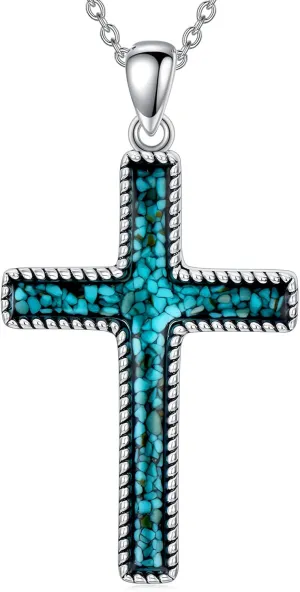 Turquoise Cross Necklace for Women 925 Sterling Silver Turquoise Lapis Lazuli Religious Cross Pendant Boho Western Jewelry Gift for Christmas Birthday