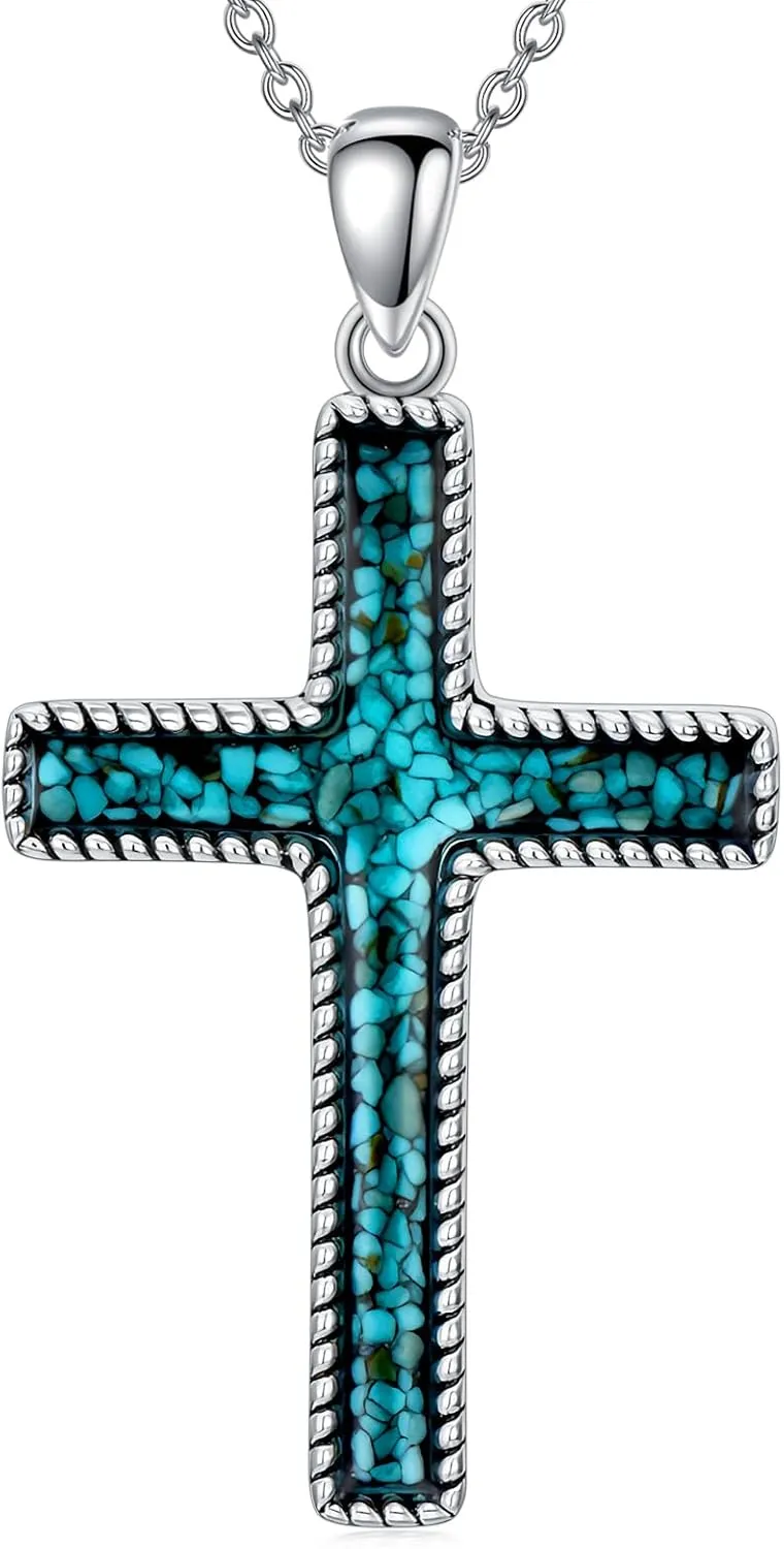 Turquoise Cross Necklace for Women 925 Sterling Silver Turquoise Lapis Lazuli Religious Cross Pendant Boho Western Jewelry Gift for Christmas Birthday