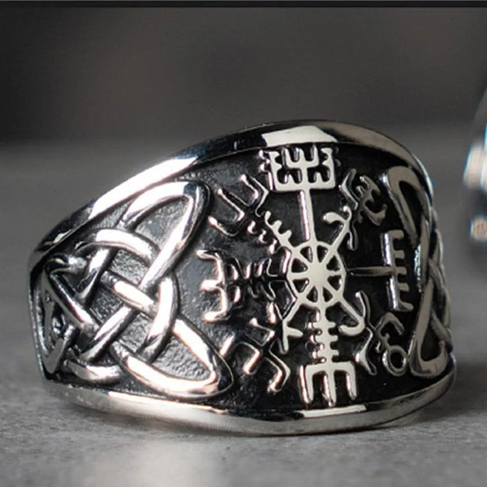 TURTLEDOVE Vegvisir Ring with Celtic Knot - Viking Ring with Runic Compass - Celtic Pagan Jewelry of Talisman