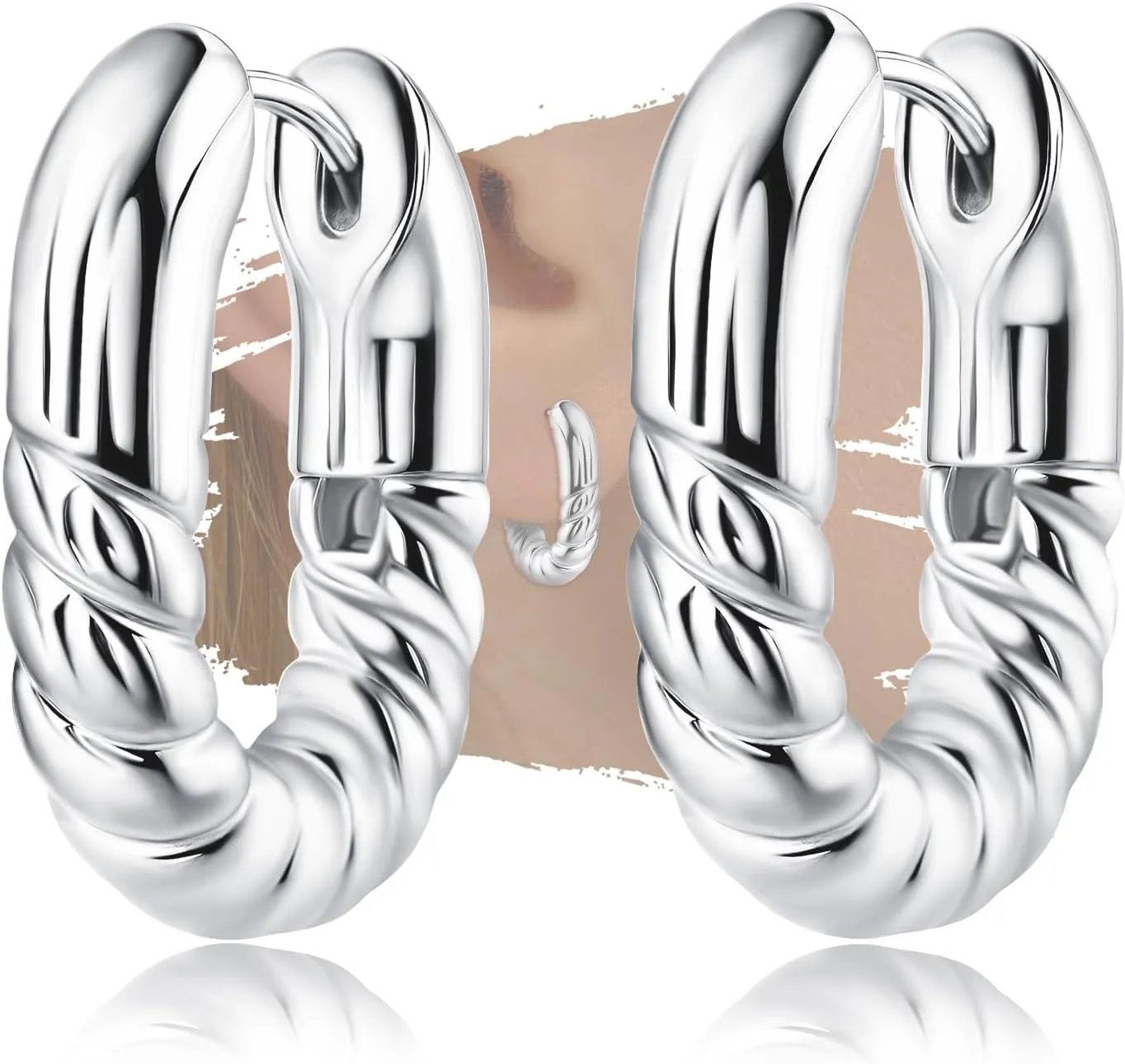 U Shaped Hoop Earrings for Women - Sterling Silver Chunky Earrings Cubic Zirconia Hypoallergenic Classic Hoop Earrings for Sensitive Ear for Women