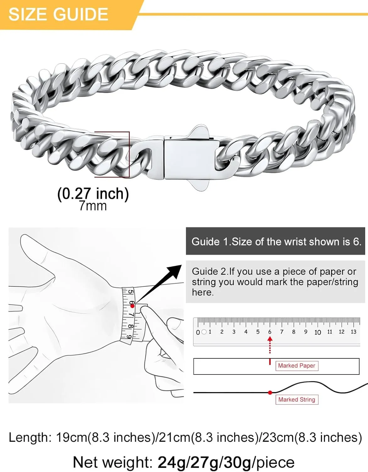 U7 Cuban Link Bracelet for Men Stainless Steel Wrist Bracelets Silver/Gold Plated Cuban Chain for Men Women, 5mm/7mm/9mm/12mm Width,7.5/8.3/9 Inch Length Jewelry with Box Package