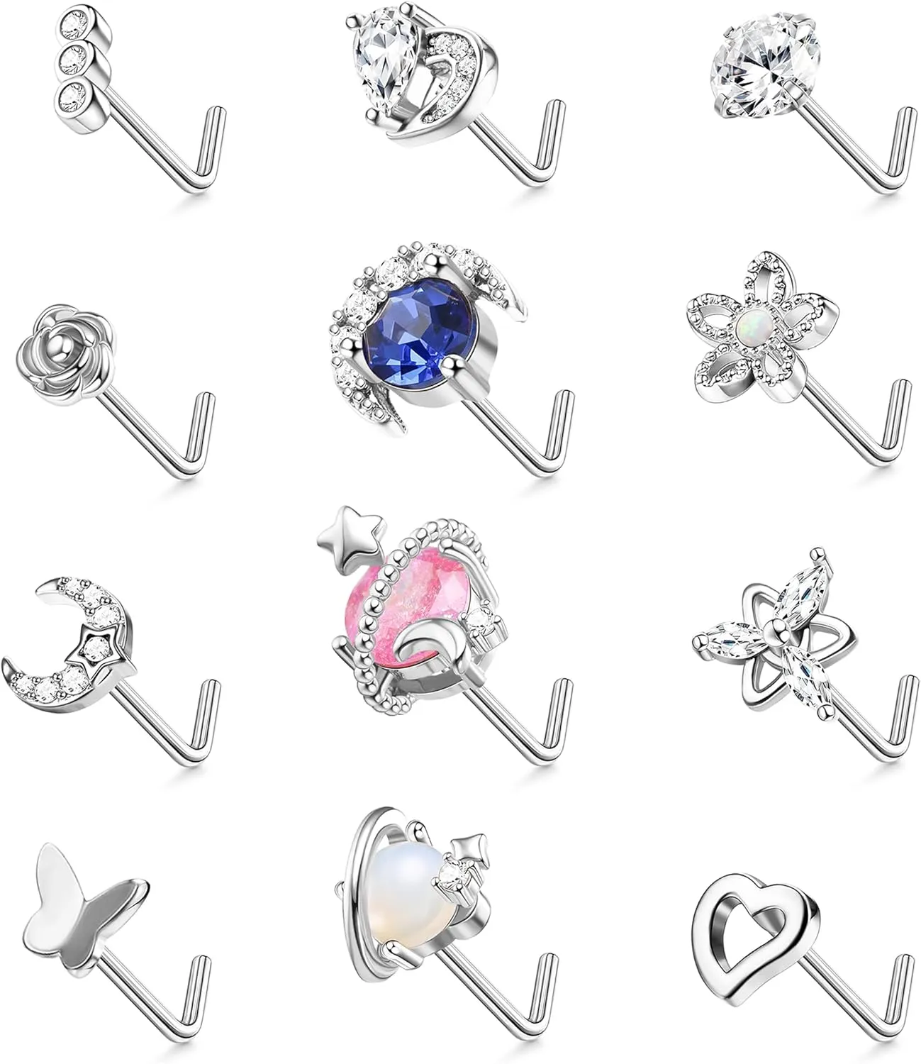 Ubjuliwa 12Pcs L Shaped Bone Nose Studs Screw Nose Studs Surgical Steel 20G Bling CZ Flower Butterfly Moon Stars Nose Ring Stud for Women Silver Rose Gold Nose Piercing Stud Jewelry
