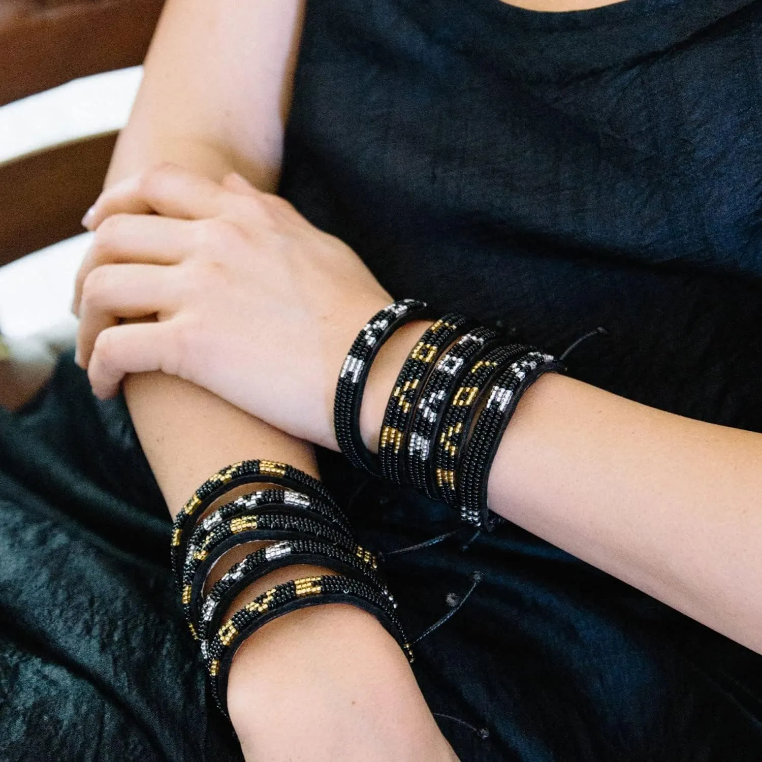 Ubuntu Life Skinny Beaded Leather LOVE Bracelet  Handmade Genuine Leather and Glass Bead Bracelet with Slide Closure, Stackable Bracelets for Women and Men