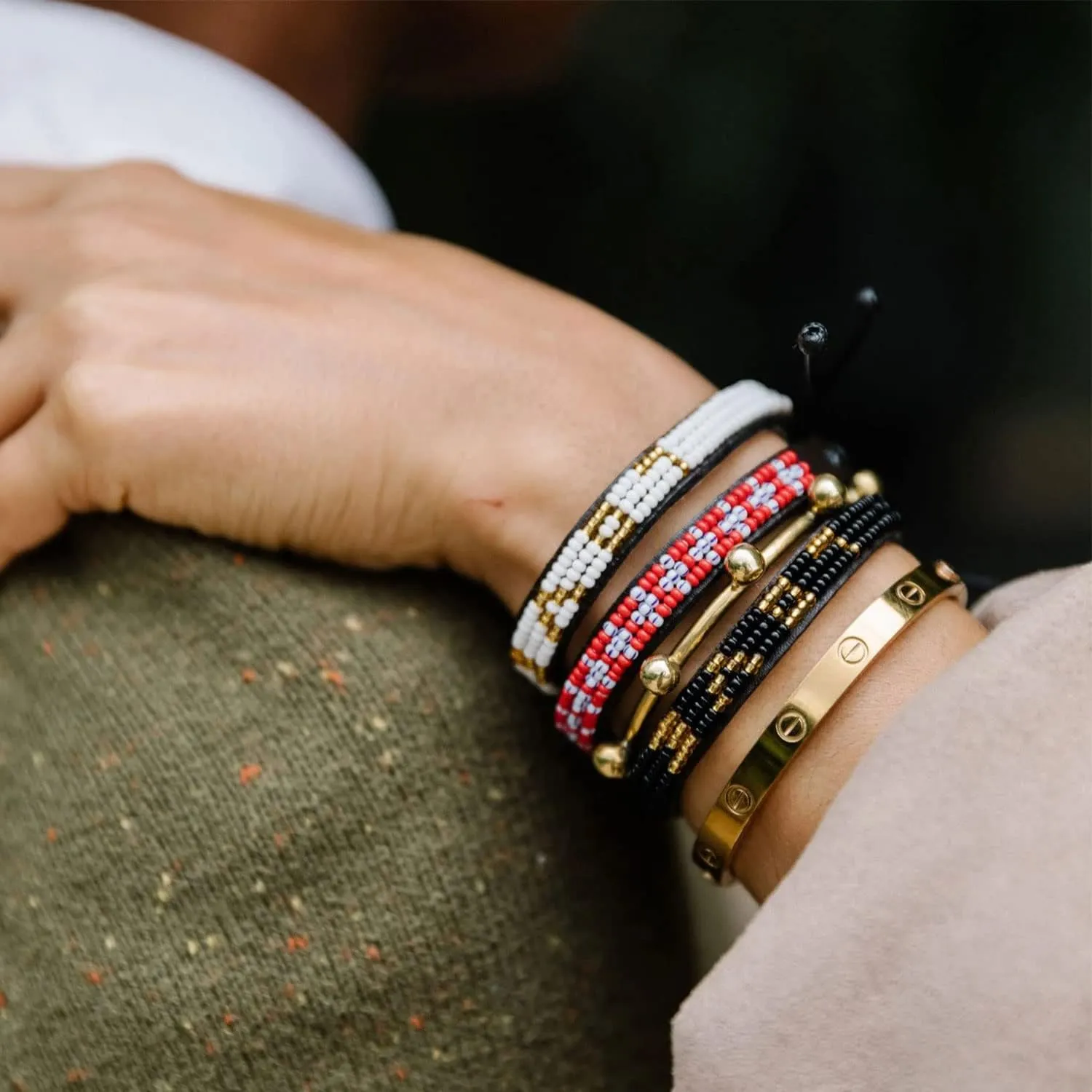 Ubuntu Life Skinny Beaded Leather LOVE Bracelet  Handmade Genuine Leather and Glass Bead Bracelet with Slide Closure, Stackable Bracelets for Women and Men