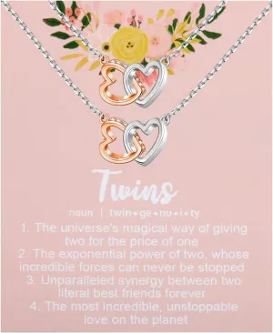 UJIMS Twin Sister Interlocking Hearts Necklace Twins Jewelry Birthday Message Necklace for Her