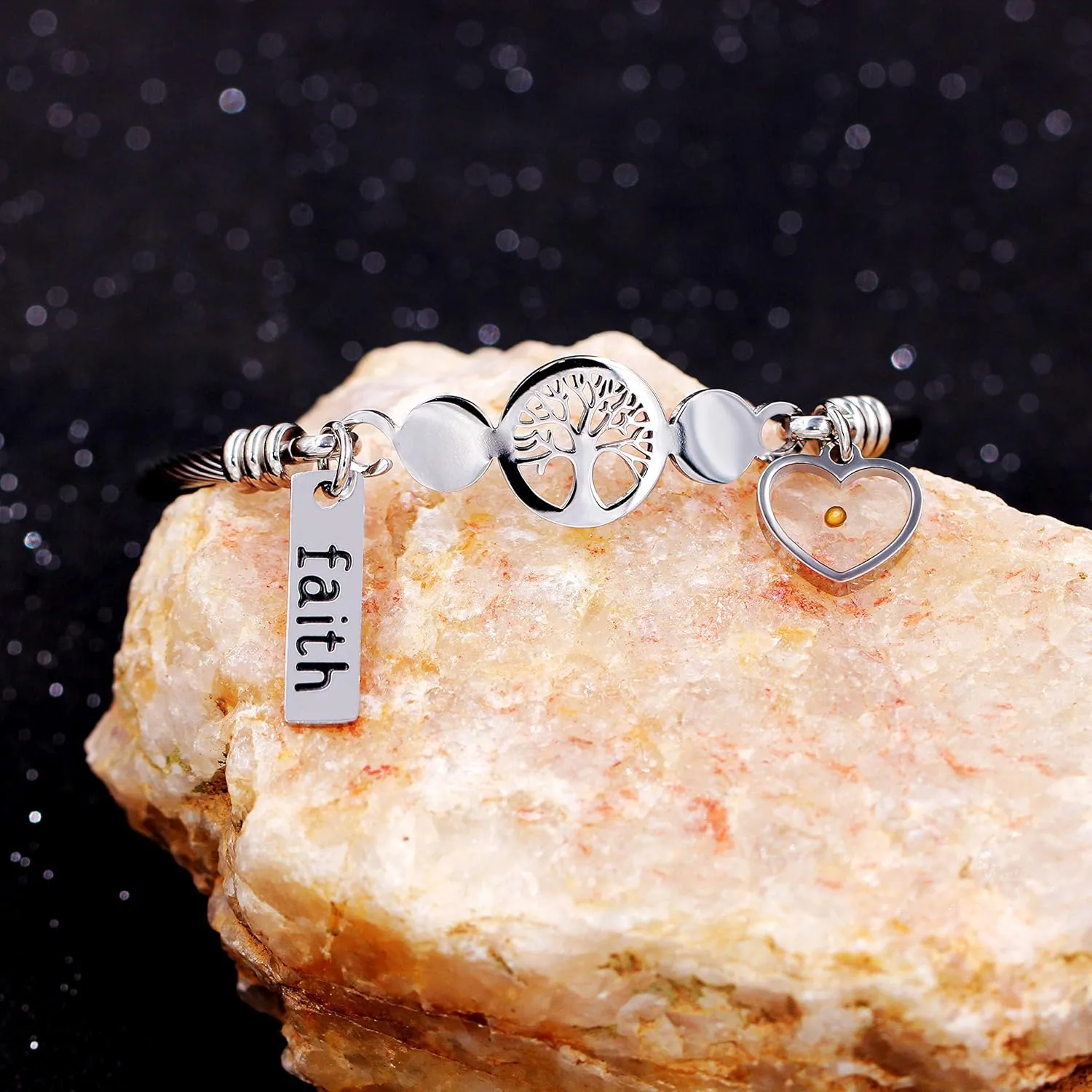 Uloveido Rose Gold Plated Tree Of Life Bangle Cuffs Faith Mustard Seed Pendant Charms Open Bracelet for Women Y1028