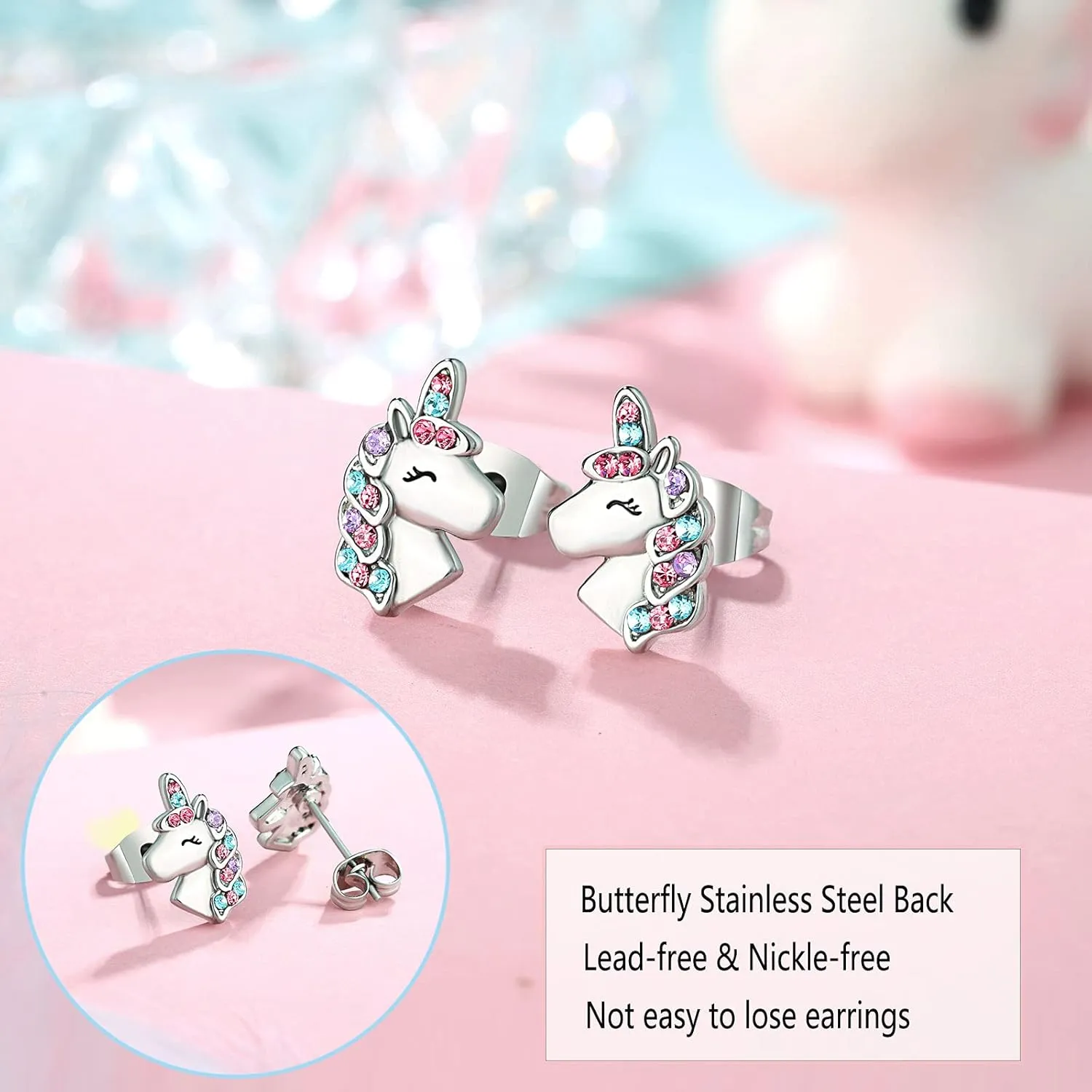 UNGENT THEM Silver Unicorn Stud Earrings for Little Girls Hypoallergenic CZ Lovely Gifts Daughter Birthday Party