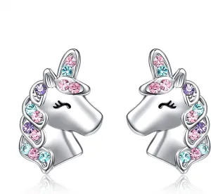 UNGENT THEM Silver Unicorn Stud Earrings for Little Girls Hypoallergenic CZ Lovely Gifts Daughter Birthday Party
