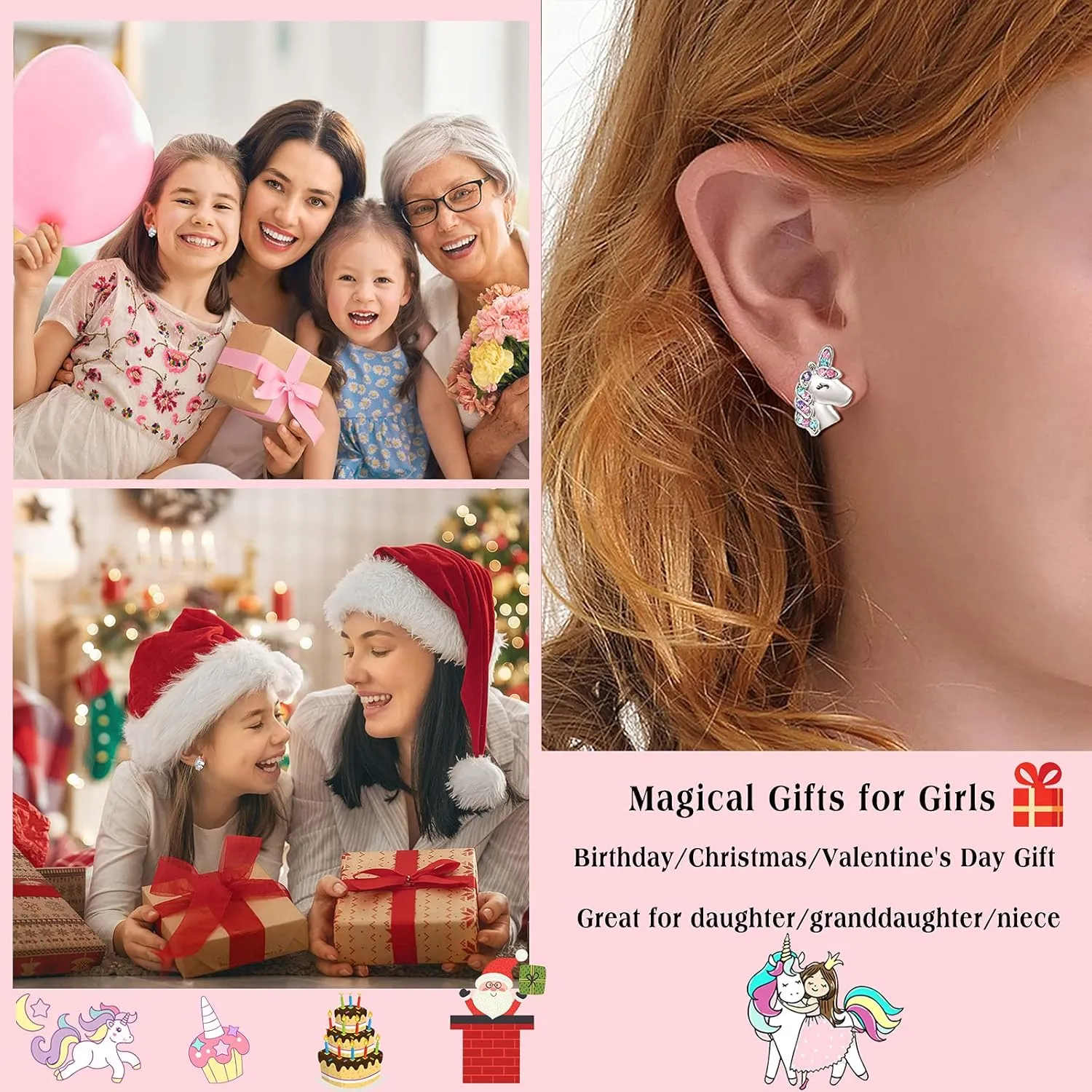 UNGENT THEM Silver Unicorn Stud Earrings for Little Girls Hypoallergenic CZ Lovely Gifts Daughter Birthday Party