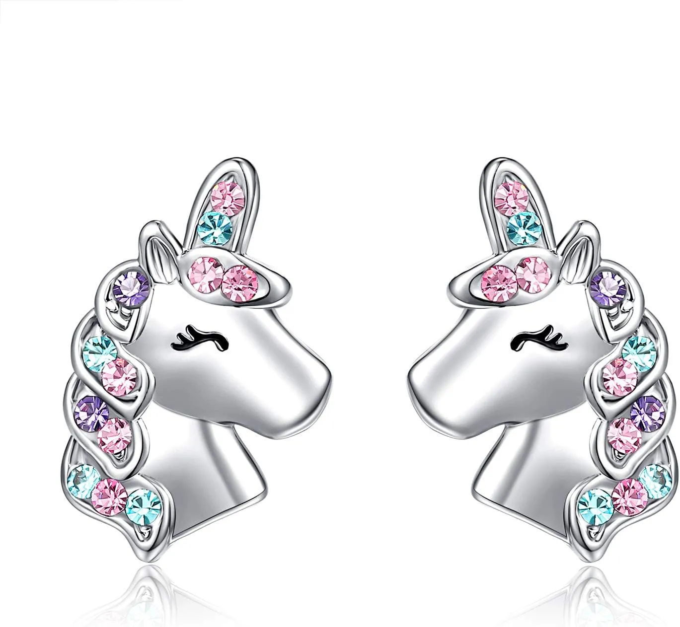 UNGENT THEM Silver Unicorn Stud Earrings for Little Girls Hypoallergenic CZ Lovely Gifts Daughter Birthday Party