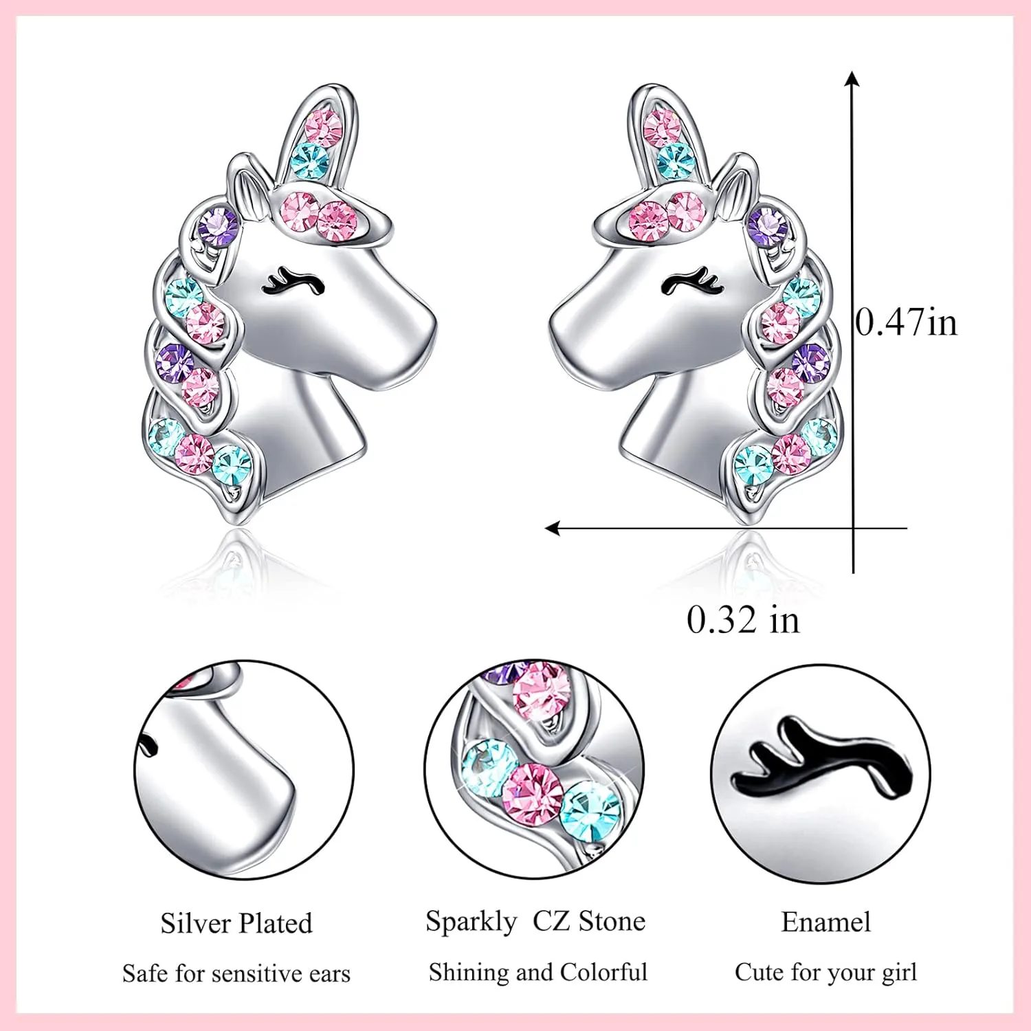 UNGENT THEM Silver Unicorn Stud Earrings for Little Girls Hypoallergenic CZ Lovely Gifts Daughter Birthday Party