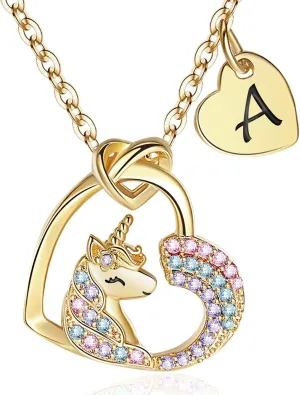 Unicorn Gifts for Little Girls Jewelry - 14K Gold Plated Unicorn Necklace With Initial Personalized Gifts for Preteen Girls Heart CZ Pendant Hypoallergenic Unicorns Jewelry Birthday Gifts for Girls