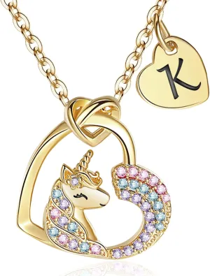 Unicorn Gifts for Little Girls Jewelry - 14K Gold Plated Unicorn Necklace With Initial Personalized Gifts for Preteen Girls Heart CZ Pendant Hypoallergenic Unicorns Jewelry Birthday Gifts for Girls