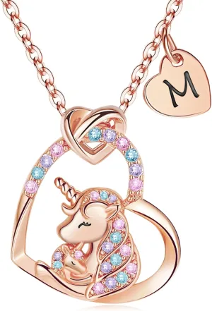 Unicorn Gifts for Little Girls Jewelry - 14K Gold Plated Unicorn Necklace With Initial Personalized Gifts for Preteen Girls Heart CZ Pendant Hypoallergenic Unicorns Jewelry Birthday Gifts for Girls