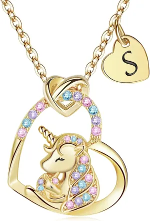 Unicorn Gifts for Little Girls Jewelry - 14K Gold Plated Unicorn Necklace With Initial Personalized Gifts for Preteen Girls Heart CZ Pendant Hypoallergenic Unicorns Jewelry Birthday Gifts for Girls