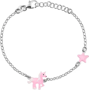 UNICORNJ Sterling Silver 925 Bracelet for Girls Trotting Unicorn and Star with Enamel 6.25"