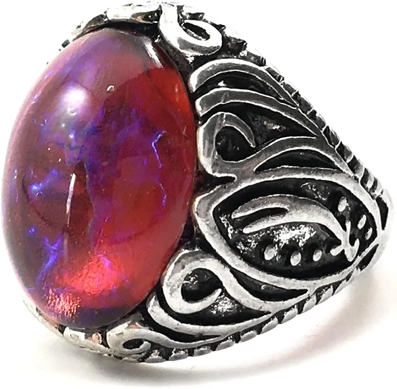 Unisex Synthetic Mexican Fire Opal Ring Czech Glass Dragons Breath 13x18mm Stone Thick Swirl Band