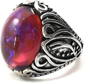 Unisex Synthetic Mexican Fire Opal Ring Czech Glass Dragons Breath 13x18mm Stone Thick Swirl Band
