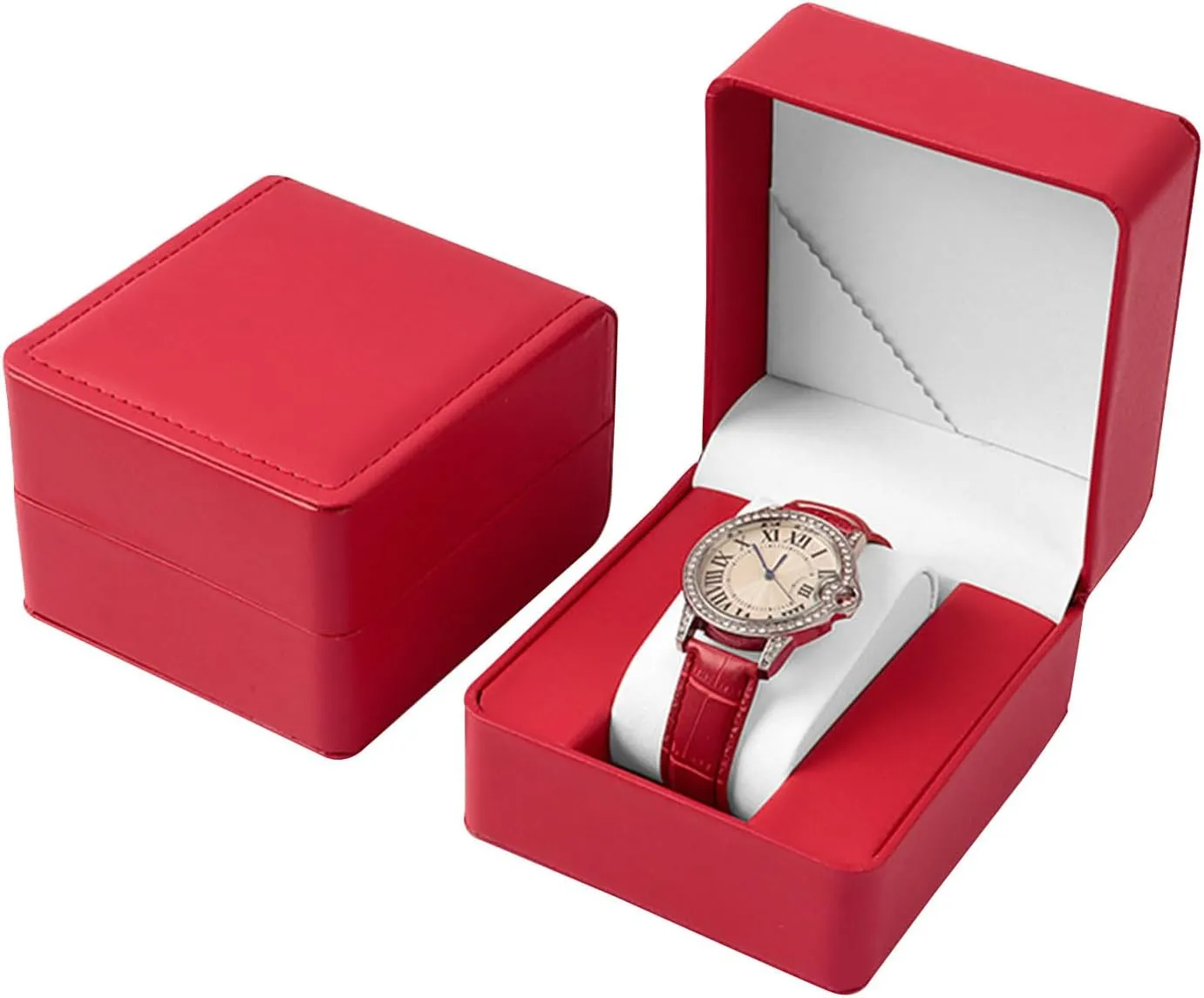 Universal Single Watch Travel Case, Prestige & Fancy PU Leather Watch Case Fixed with Pillow, Elegance Functionality Boutique Watch Display Box for Collection and Gift Giving (Red)