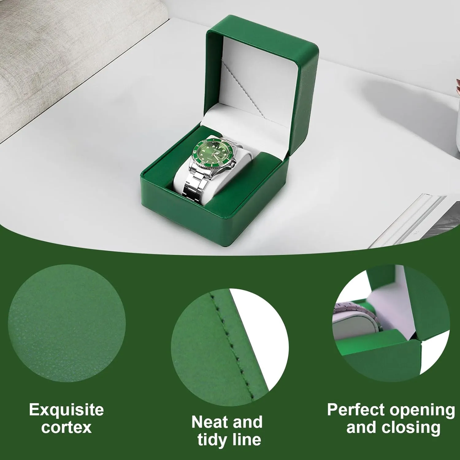 Universal Single Watch Travel Case, Prestige & Fancy Pu Leather Watch Case Fixed with Pillow, Elegance Functionality Boutique Watch Display Box for Collection or Gift Giving (Green)