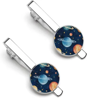Universes Galaxy Solar System Tie Clips for Men 2 Pcs Silver Necktie Tie Bar Pinch Clips Gift Ideas for Father Boyfriend 5.5x2.2cm