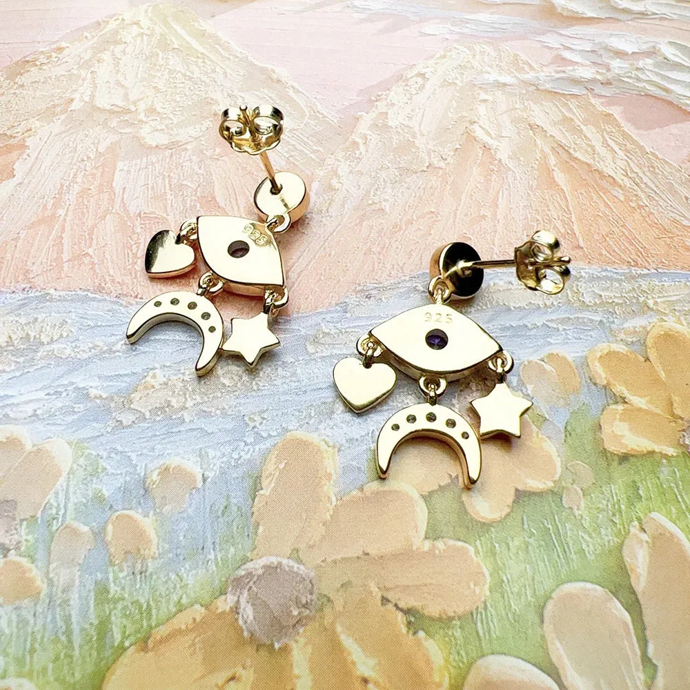 VAIGE Celestial Charm Gold Drop Earrings with Eyed Star, Moon, and Heart in 925 Sterling Silver