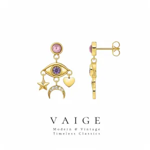 VAIGE Celestial Charm Gold Drop Earrings with Eyed Star, Moon, and Heart in 925 Sterling Silver