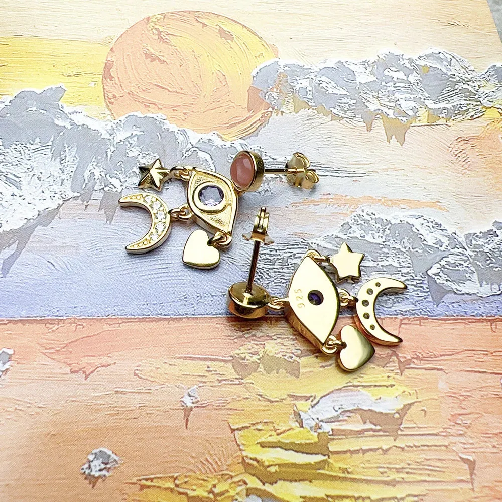 VAIGE Celestial Charm Gold Drop Earrings with Eyed Star, Moon, and Heart in 925 Sterling Silver