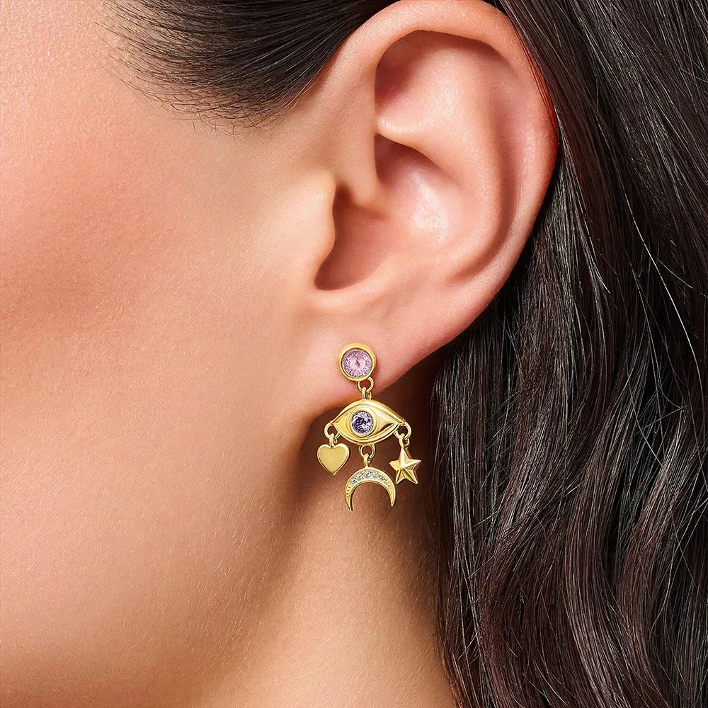 VAIGE Celestial Charm Gold Drop Earrings with Eyed Star, Moon, and Heart in 925 Sterling Silver