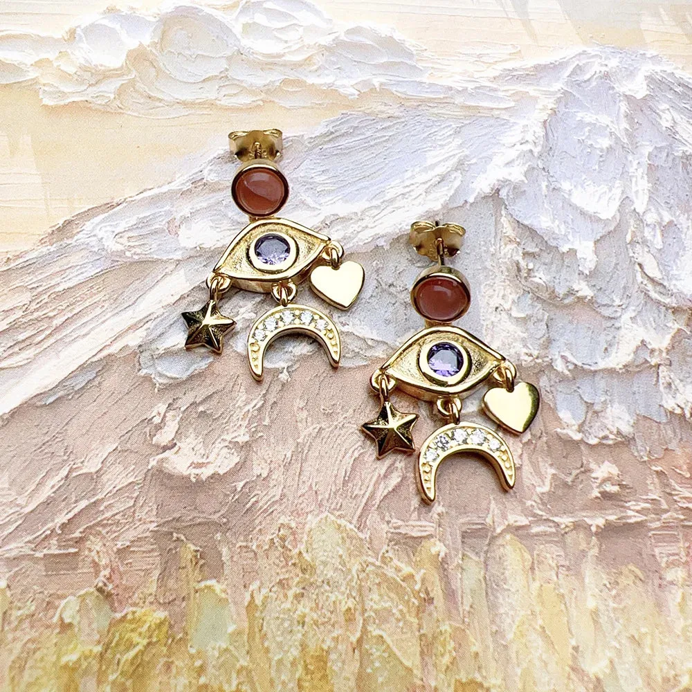 VAIGE Celestial Charm Gold Drop Earrings with Eyed Star, Moon, and Heart in 925 Sterling Silver