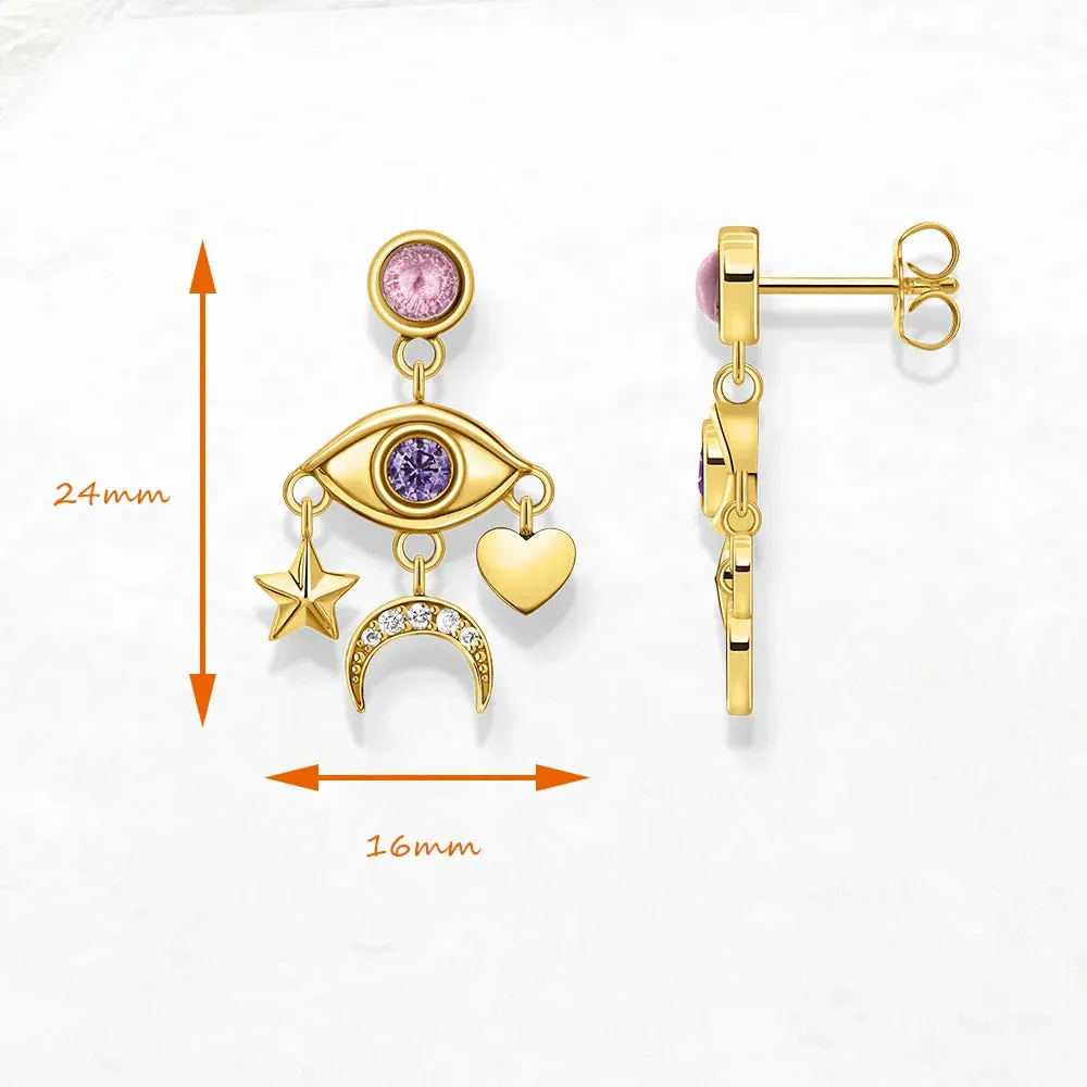 VAIGE Celestial Charm Gold Drop Earrings with Eyed Star, Moon, and Heart in 925 Sterling Silver