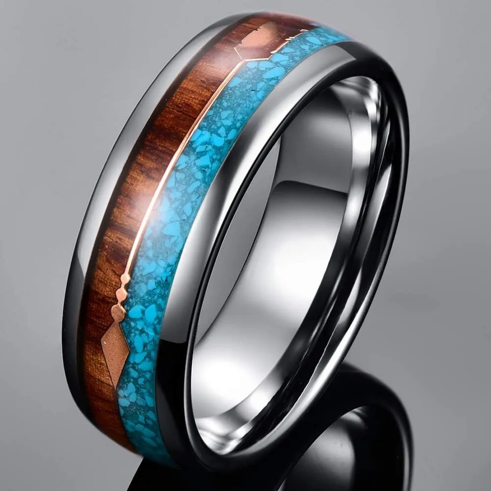Vakki Rose Gold Arrow Tungsten Ring for Men Koa Wood and Turquoise Inlay 8mm Silver Wedding Band Size 7-12